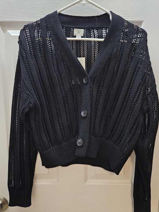 a new day Sweaters - a new day Black Open-Weave V-Neck Button Cardigan
